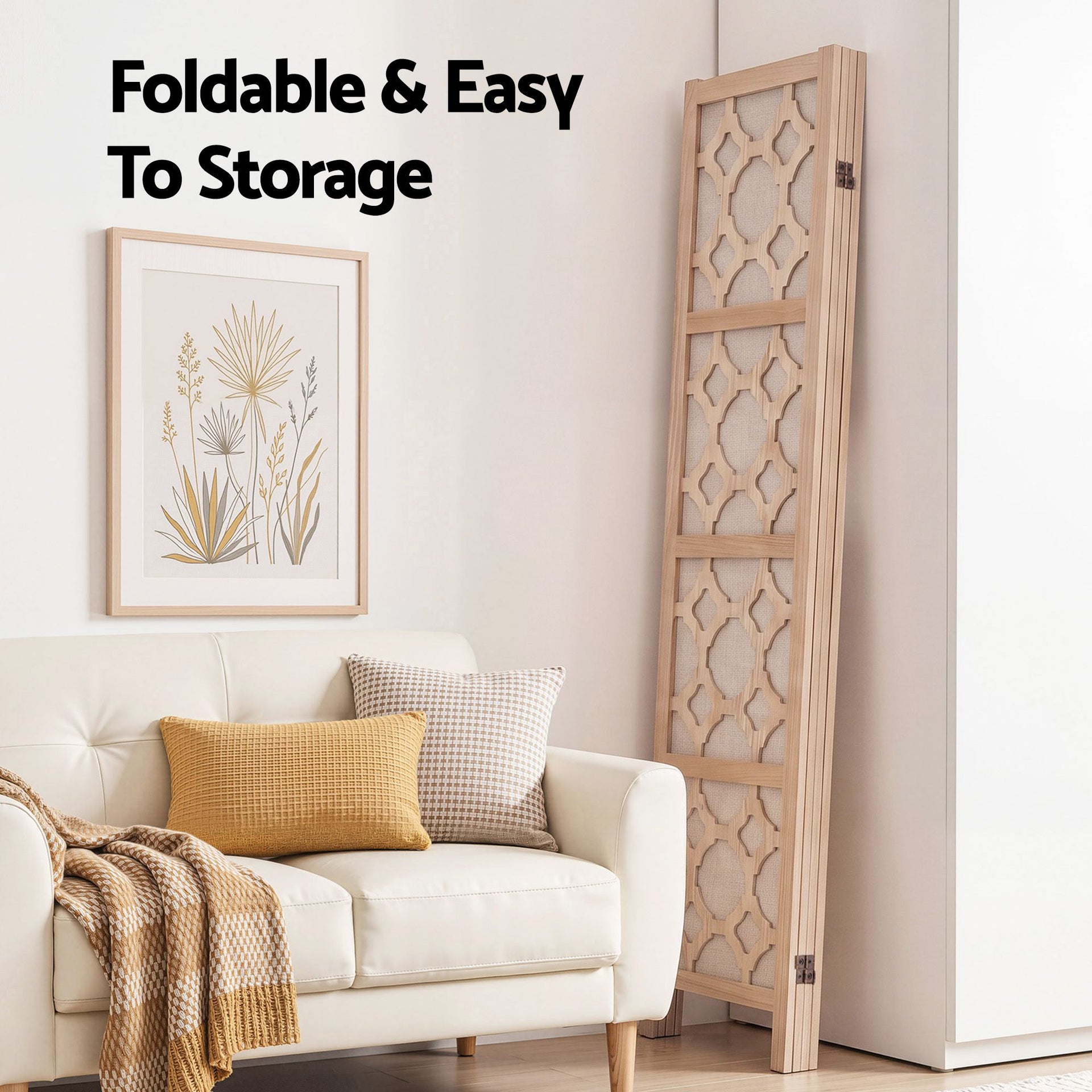Artiss 4 Panel Room Divider Folding Privacy Screen Wooden Partition Geometric Freestanding Separator Natural 170cm Awezingly