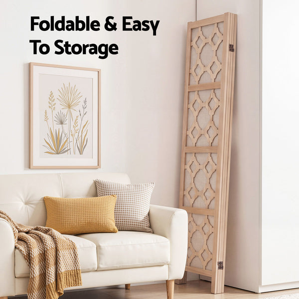 Artiss 4 Panel Room Divider Folding Privacy Screen Wooden Partition Geometric Freestanding Separator Natural 170cm Awezingly