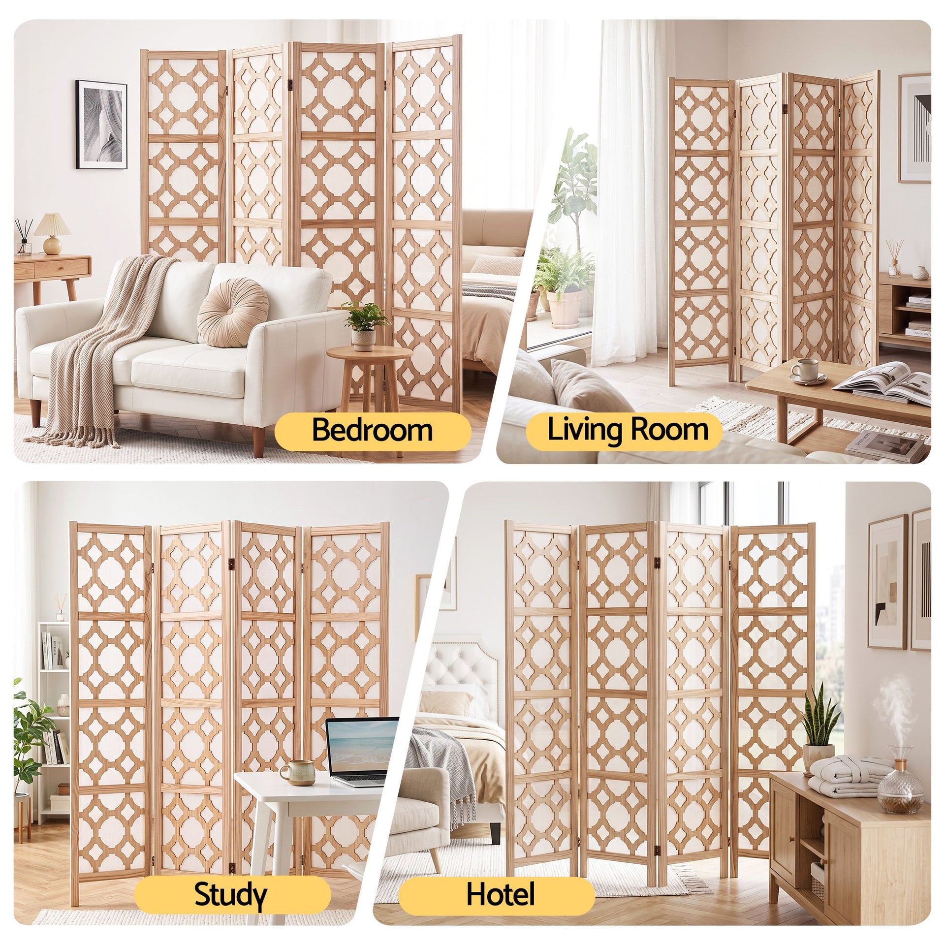 Artiss 4 Panel Room Divider Folding Privacy Screen Wooden Partition Geometric Freestanding Separator Natural 170cm Awezingly