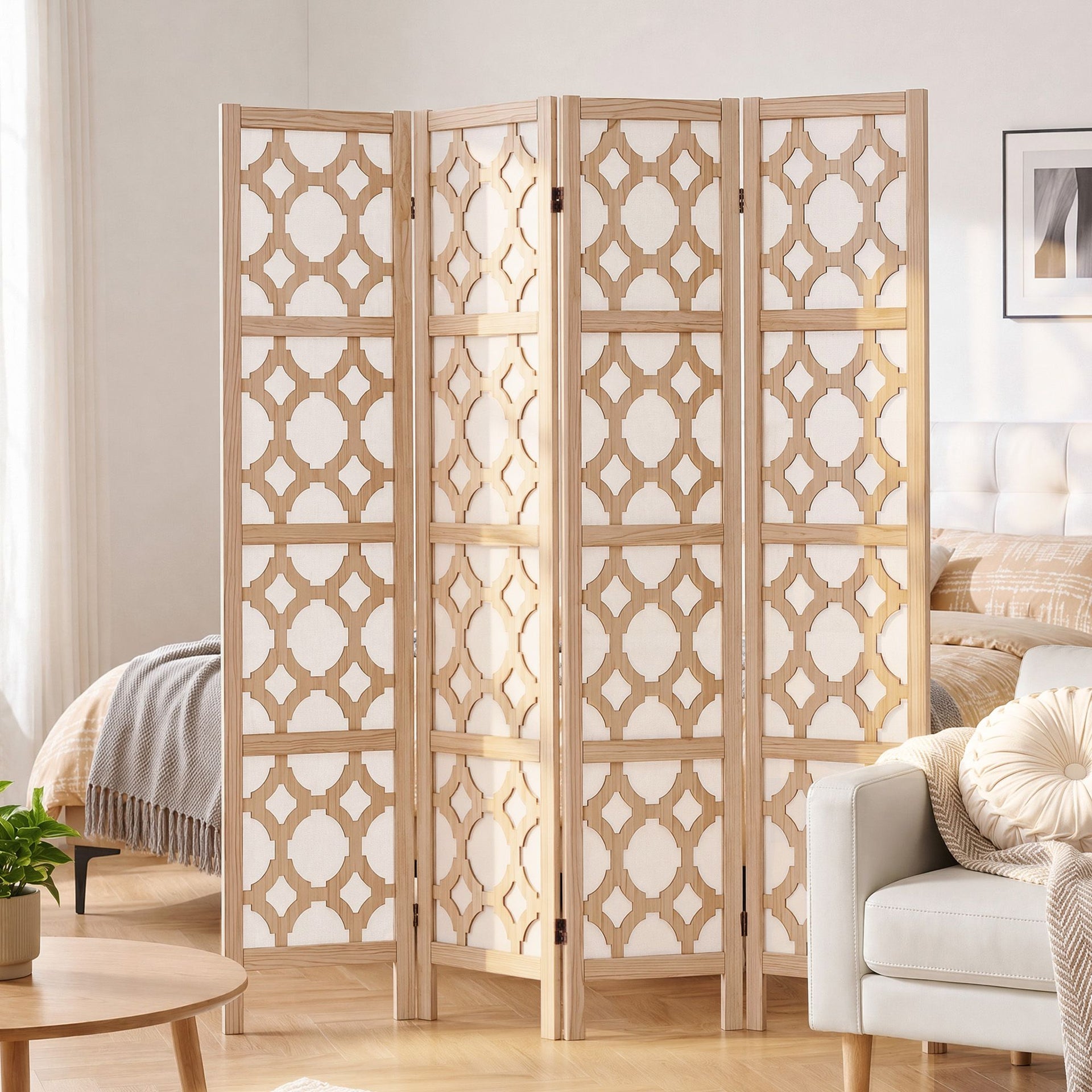 Artiss 4 Panel Room Divider Folding Privacy Screen Wooden Partition Geometric Freestanding Separator Natural 170cm Awezingly