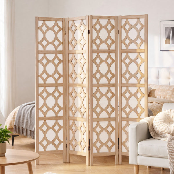 Artiss 4 Panel Room Divider Folding Privacy Screen Wooden Partition Geometric Freestanding Separator Natural 170cm Awezingly
