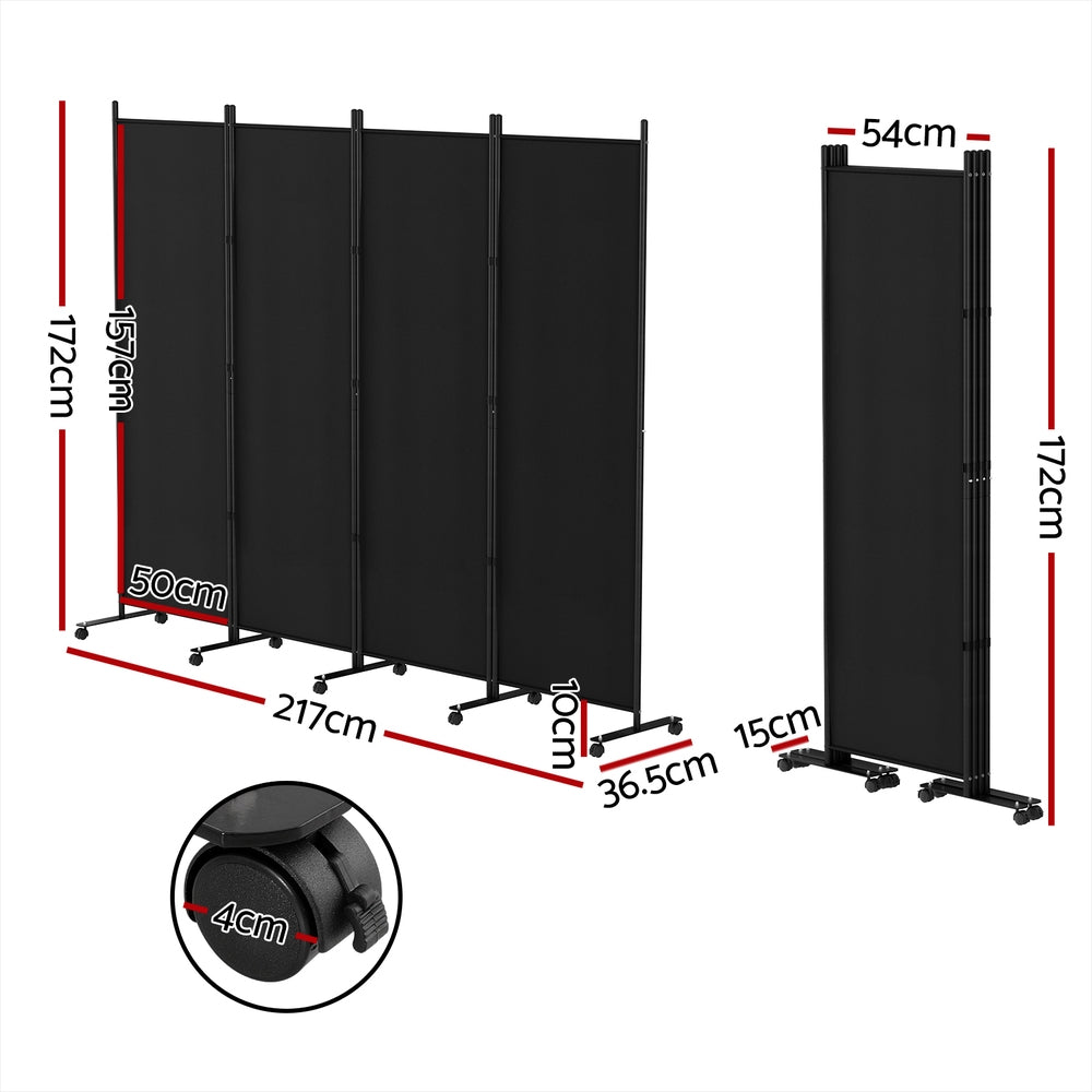Artiss 4 Panel Room Divider Screen 217cm Wheel Fabric Black Artiss