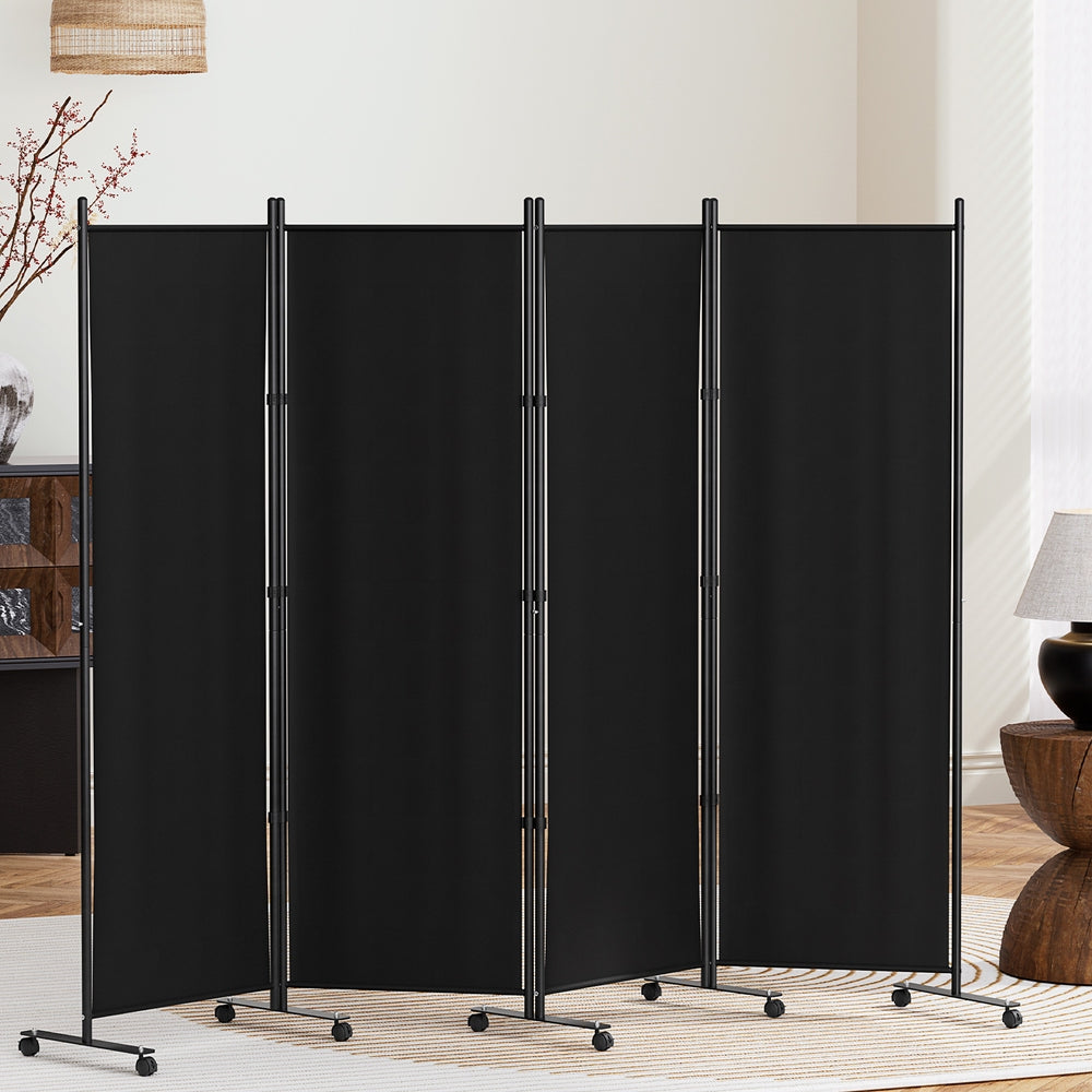 Artiss 4 Panel Room Divider Screen 217cm Wheel Fabric Black Artiss