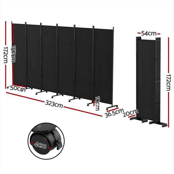 Artiss 6 Panel Room Divider Screen 323cm Wheel Fabric Black Artiss