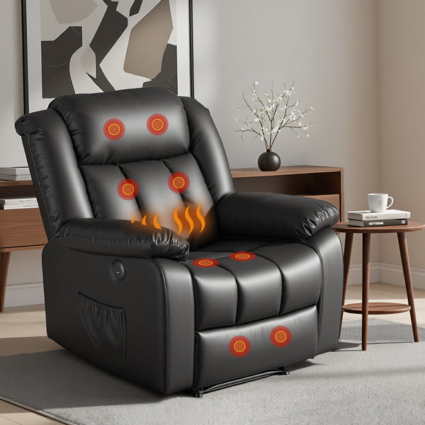 Artiss Manual Massage Recliner Chair for Living Room, Leather Sofa Lounge Reclining Chair with 2 USB Port, 160° Recline Reading Chair with 20CM Wide Armrests, 8 Point Vibration & Lumbar Heat, Black Awezingly