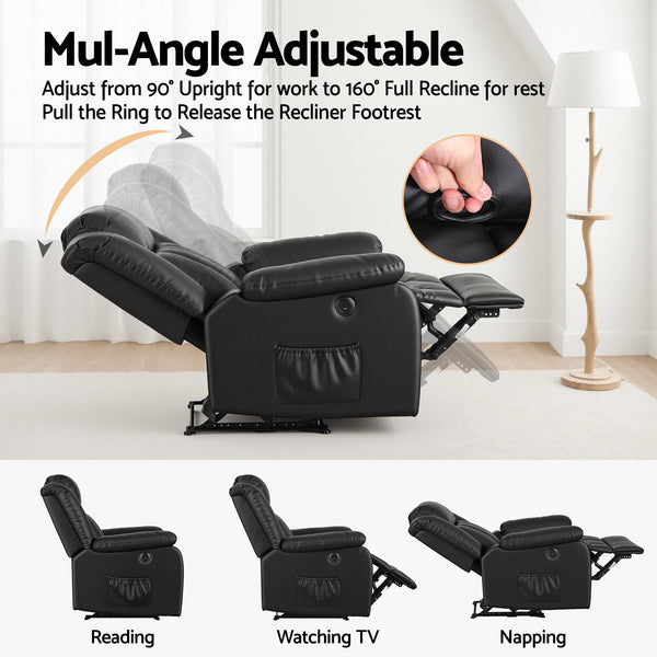 Artiss Manual Massage Recliner Chair for Living Room, Leather Sofa Lounge Reclining Chair with 2 USB Port, 160° Recline Reading Chair with 20CM Wide Armrests, 8 Point Vibration & Lumbar Heat, Black Awezingly