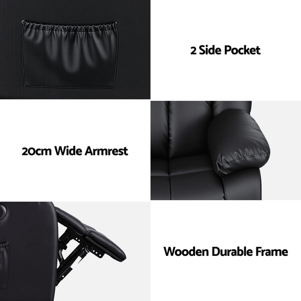 Artiss Manual Massage Recliner Chair for Living Room, Leather Sofa Lounge Reclining Chair with 2 USB Port, 160° Recline Reading Chair with 20CM Wide Armrests, 8 Point Vibration & Lumbar Heat, Black Awezingly