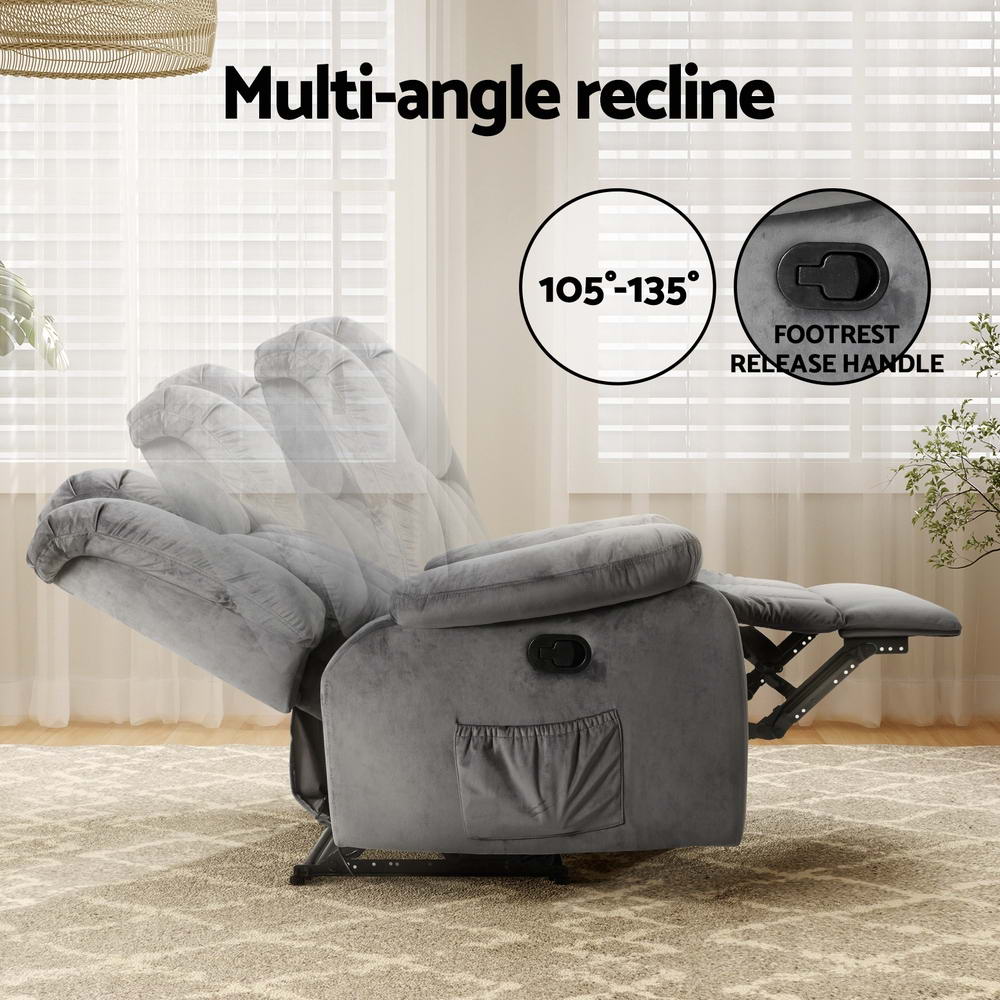 Artiss Recliner Chair Electric Massage Chair Velvet Lounge Sofa Heated Grey Artiss