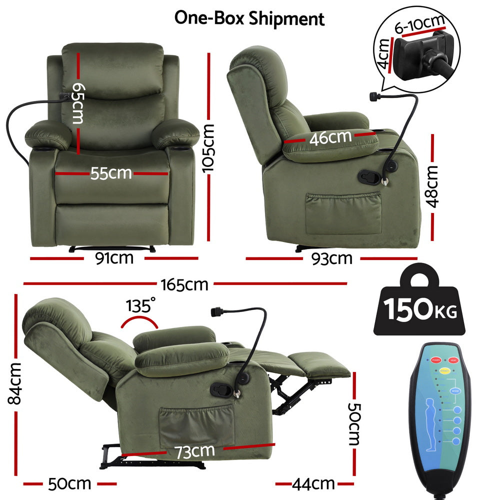 Artiss Recliner Chair Heated Massage Chair with Phone Holder Velvet Awezingly