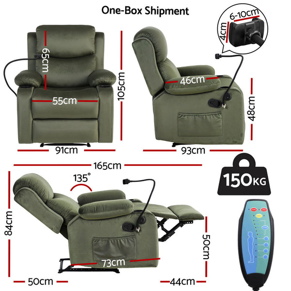 Artiss Recliner Chair Heated Massage Chair with Phone Holder Velvet Awezingly