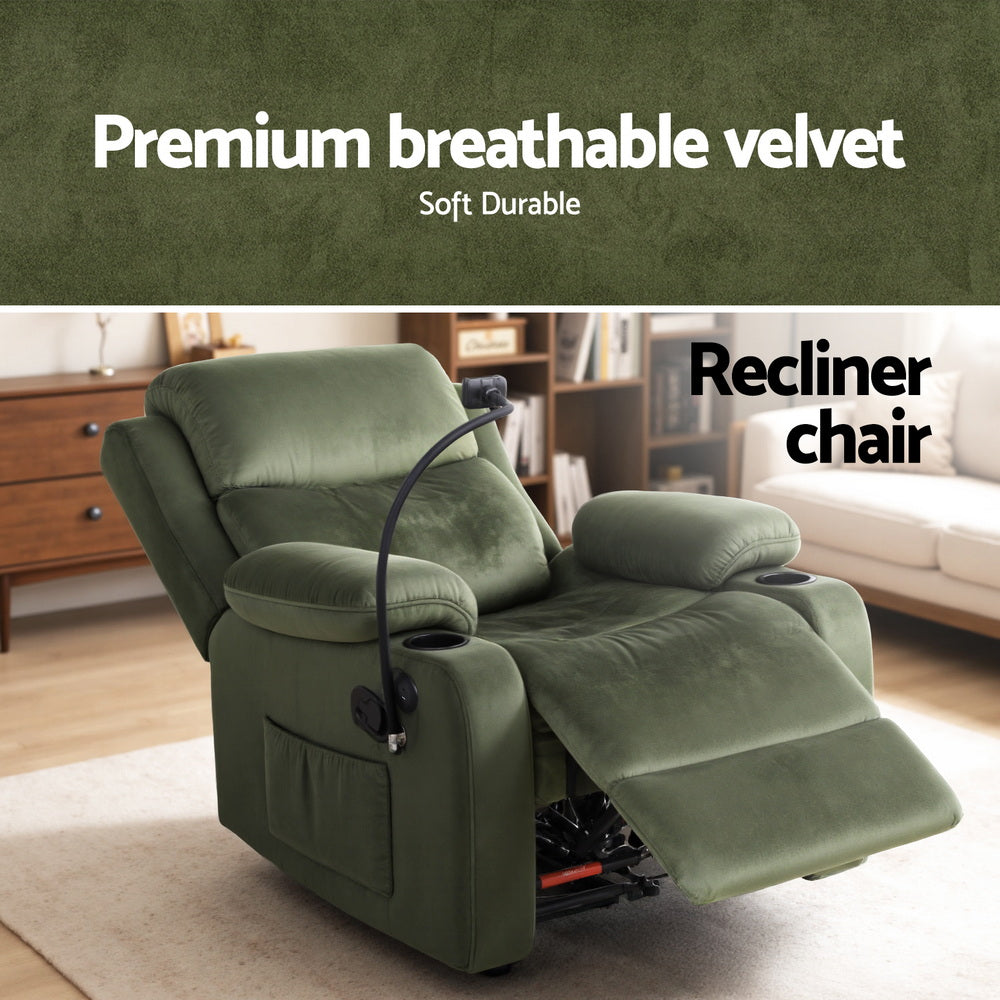 Artiss Recliner Chair Heated Massage Chair with Phone Holder Velvet Awezingly