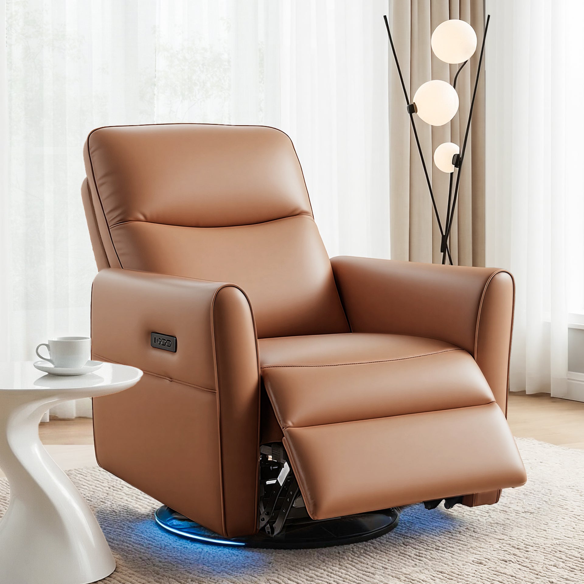 Artiss Swivel Recliner Chair Leather Rocking Reclining Sofa with Charging Ports LED Brown Awezingly