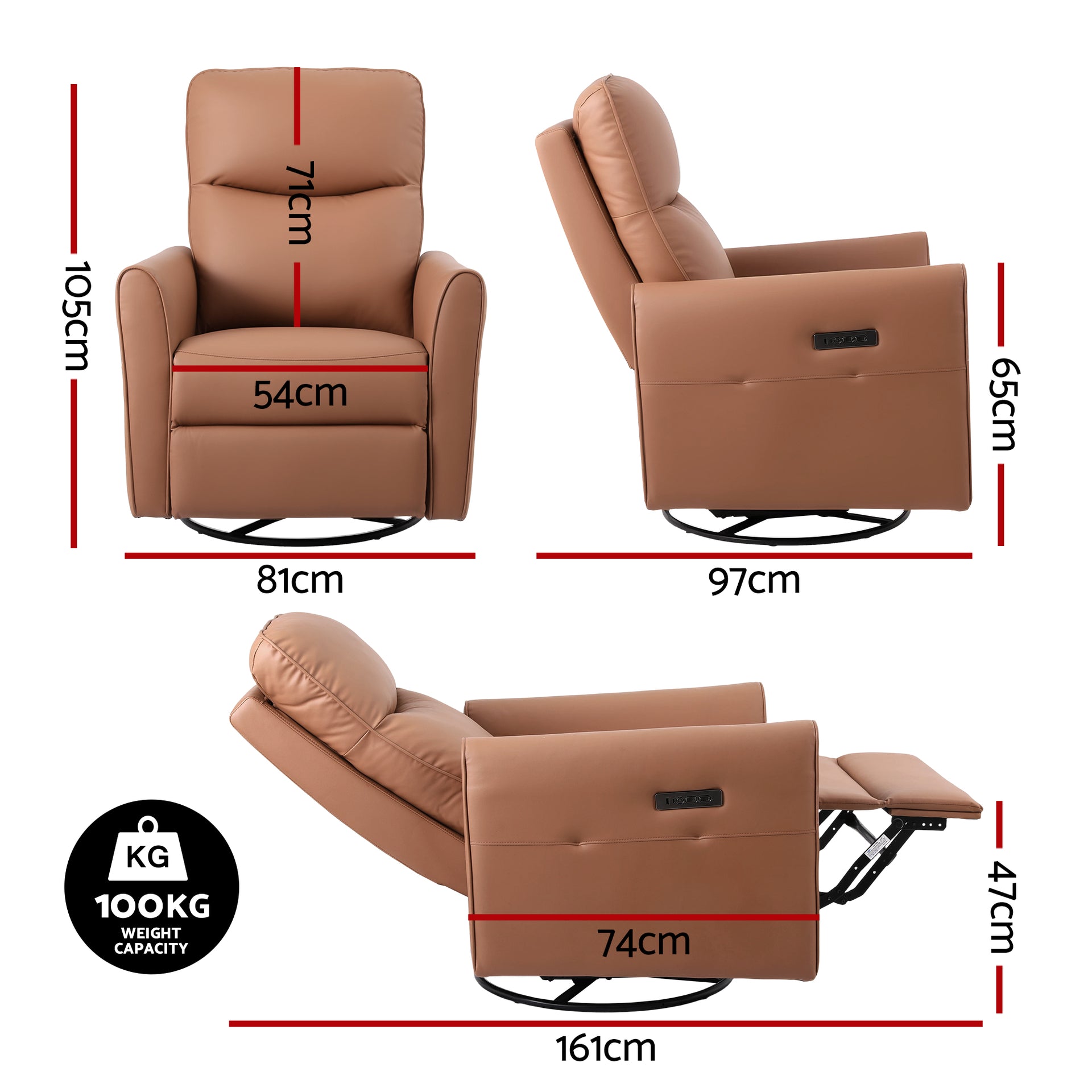 Artiss Swivel Recliner Chair Leather Rocking Reclining Sofa with Charging Ports LED Brown Awezingly