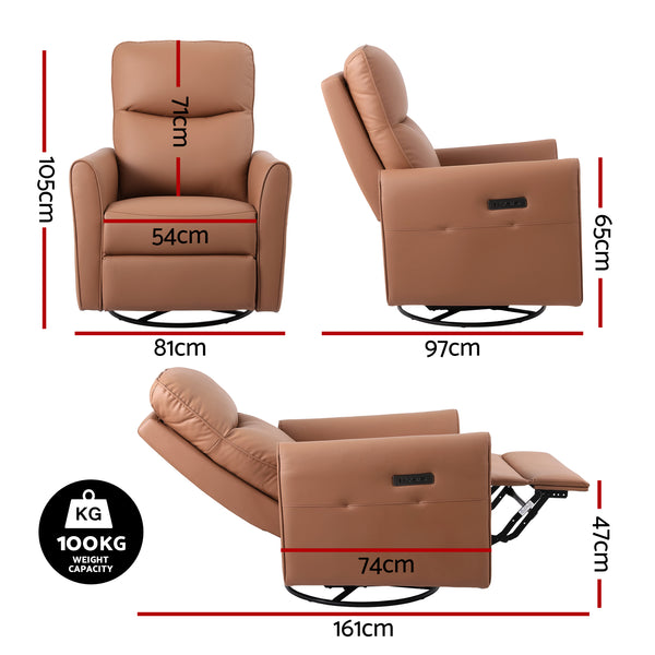 Artiss Swivel Recliner Chair Leather Rocking Reclining Sofa with Charging Ports LED Brown Awezingly