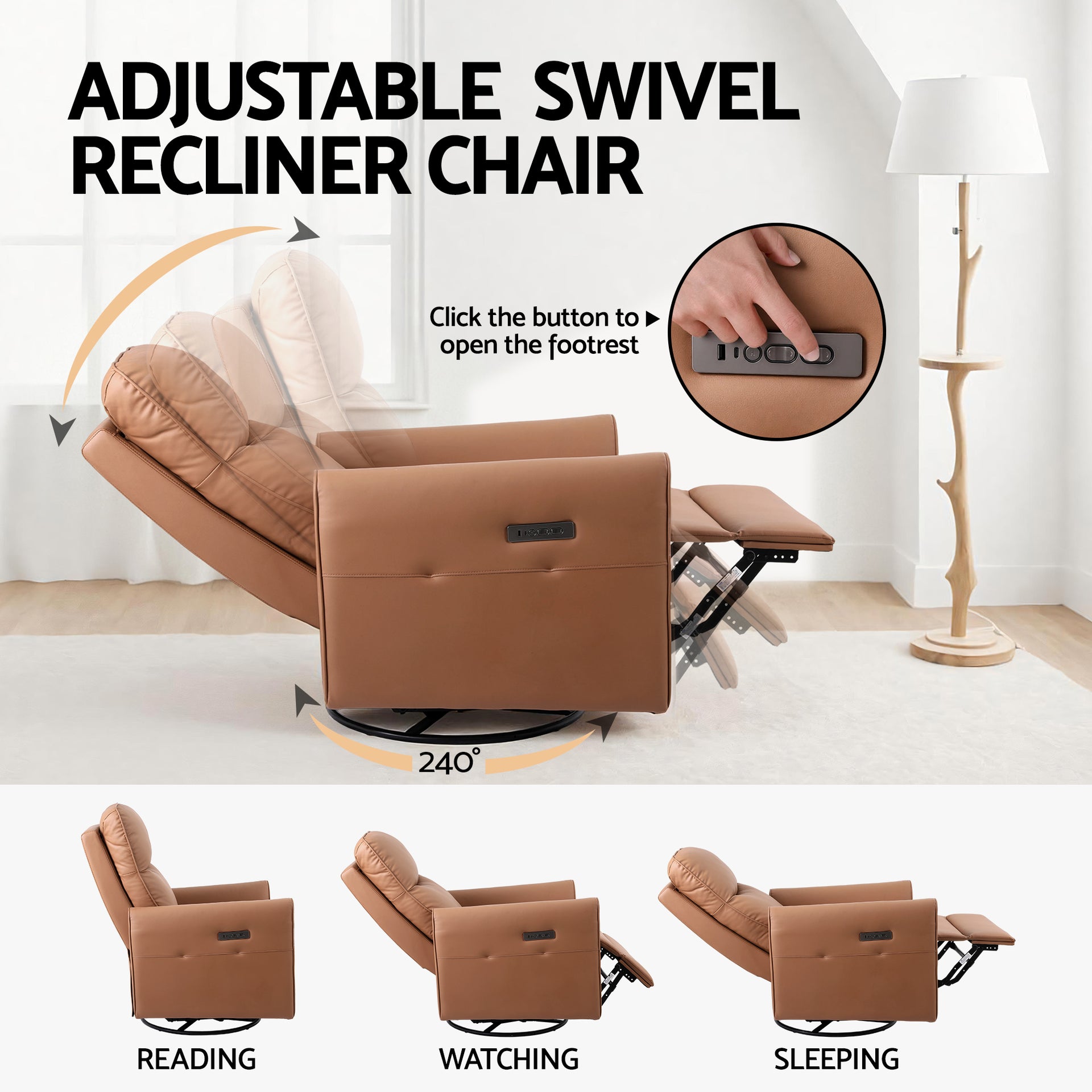 Artiss Swivel Recliner Chair Leather Rocking Reclining Sofa with Charging Ports LED Brown Awezingly