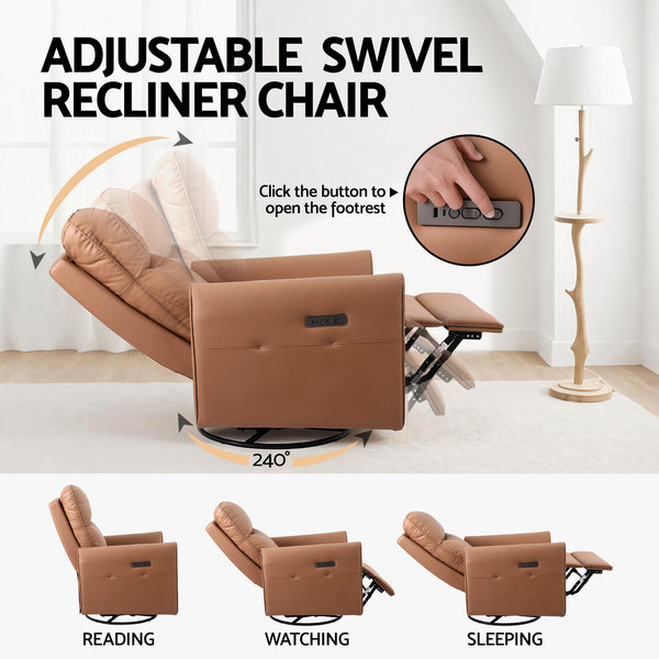 Artiss Swivel Recliner Chair Leather Rocking Reclining Sofa with Charging Ports LED Brown Awezingly