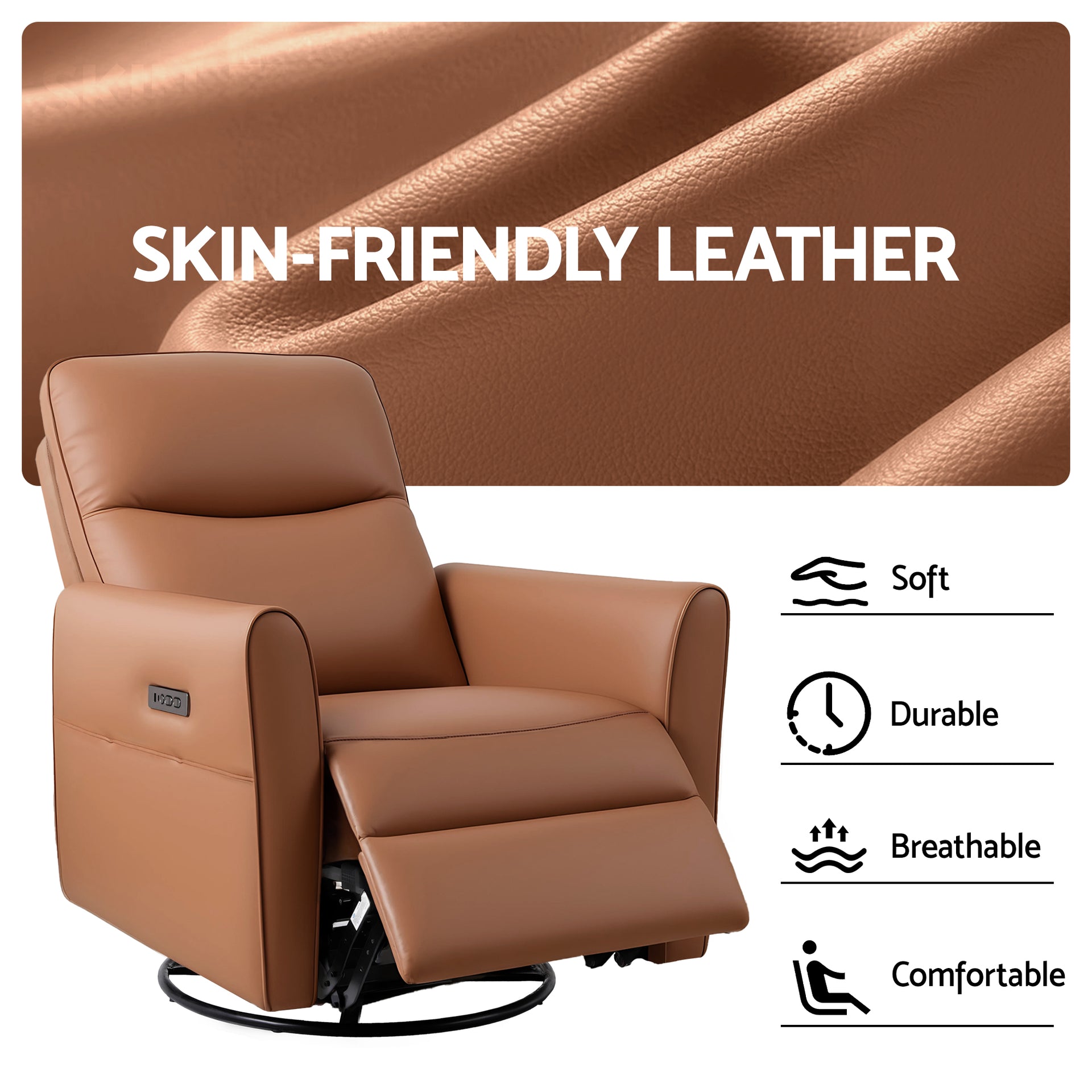 Artiss Swivel Recliner Chair Leather Rocking Reclining Sofa with Charging Ports LED Brown Awezingly