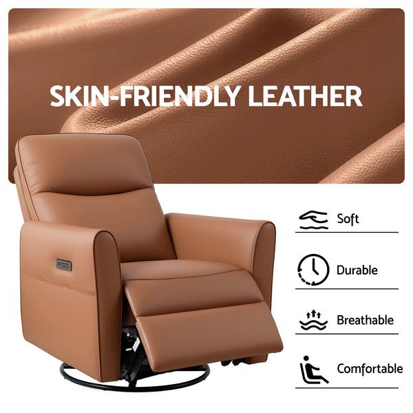 Artiss Swivel Recliner Chair Leather Rocking Reclining Sofa with Charging Ports LED Brown Awezingly
