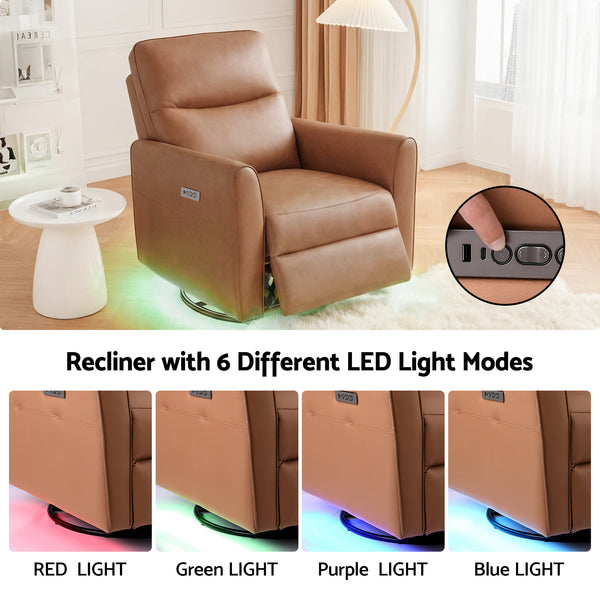 Artiss Swivel Recliner Chair Leather Rocking Reclining Sofa with Charging Ports LED Brown Awezingly