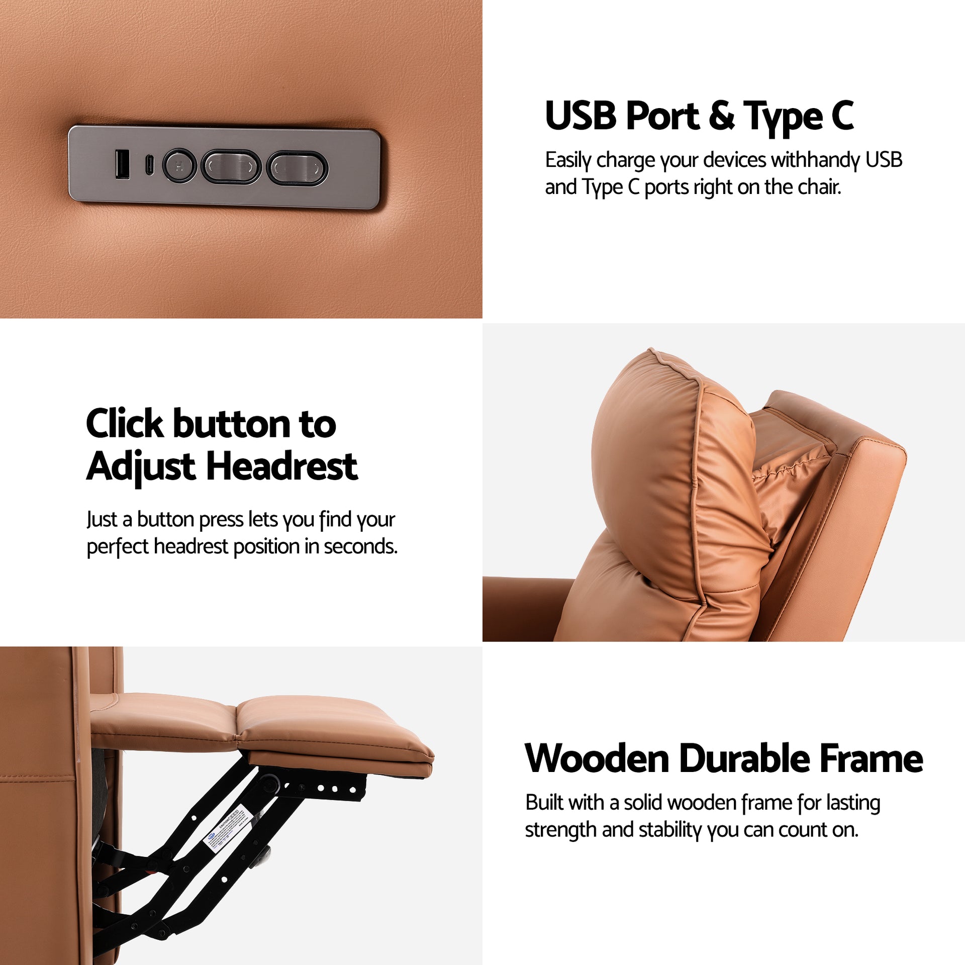 Artiss Swivel Recliner Chair Leather Rocking Reclining Sofa with Charging Ports LED Brown Awezingly