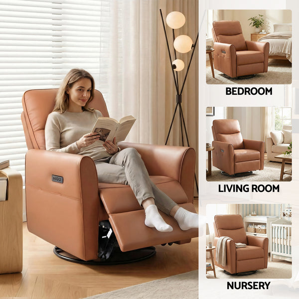 Artiss Swivel Recliner Chair Leather Rocking Reclining Sofa with Charging Ports LED Brown Awezingly