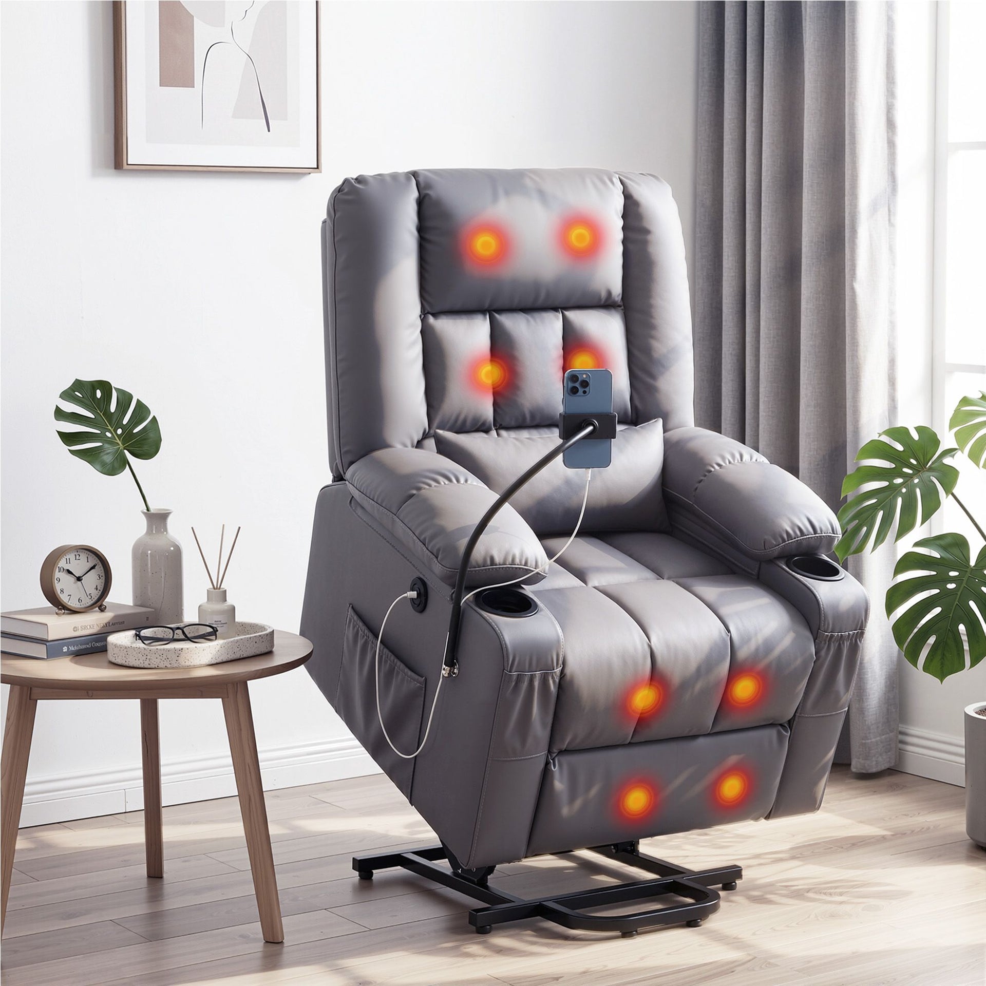 Artiss Power Lift Recliner Chair with Massage and Heat for Elderly, Electric Sofa Reclining Chair with USB and Phone Holder, PU Leather Comfy Armchair for Living Room, 2 Cup Holder & 4 Pockets, Grey Awezingly
