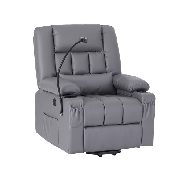 Artiss Power Lift Recliner Chair with Massage and Heat for Elderly, Electric Sofa Reclining Chair with USB and Phone Holder, PU Leather Comfy Armchair for Living Room, 2 Cup Holder & 4 Pockets, Grey Awezingly