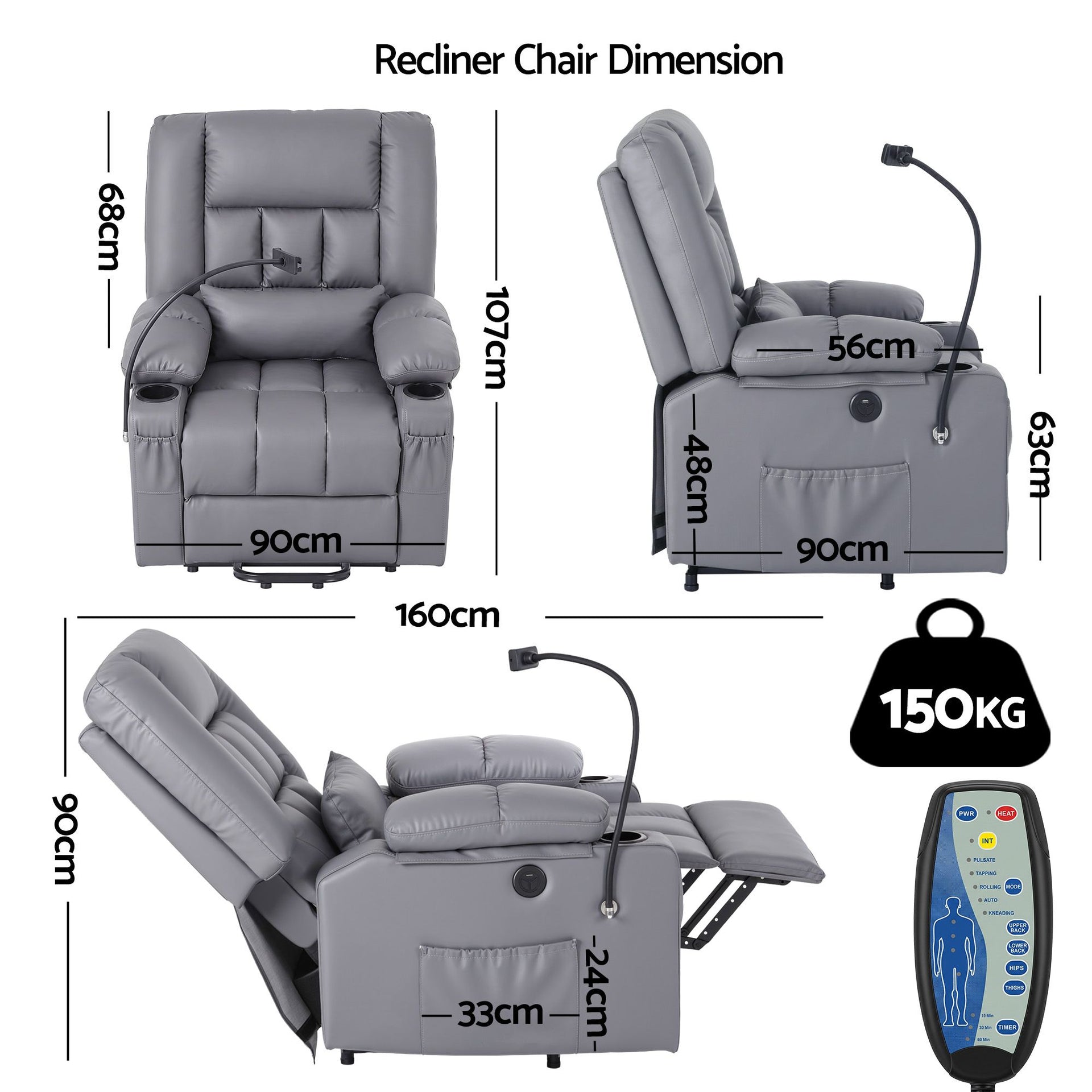 Artiss Power Lift Recliner Chair with Massage and Heat for Elderly, Electric Sofa Reclining Chair with USB and Phone Holder, PU Leather Comfy Armchair for Living Room, 2 Cup Holder & 4 Pockets, Grey Awezingly
