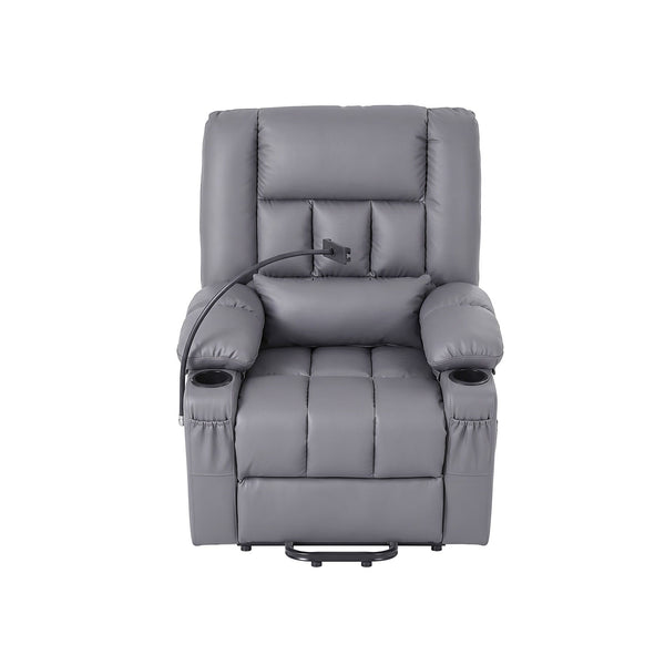 Artiss Power Lift Recliner Chair with Massage and Heat for Elderly, Electric Sofa Reclining Chair with USB and Phone Holder, PU Leather Comfy Armchair for Living Room, 2 Cup Holder & 4 Pockets, Grey Awezingly