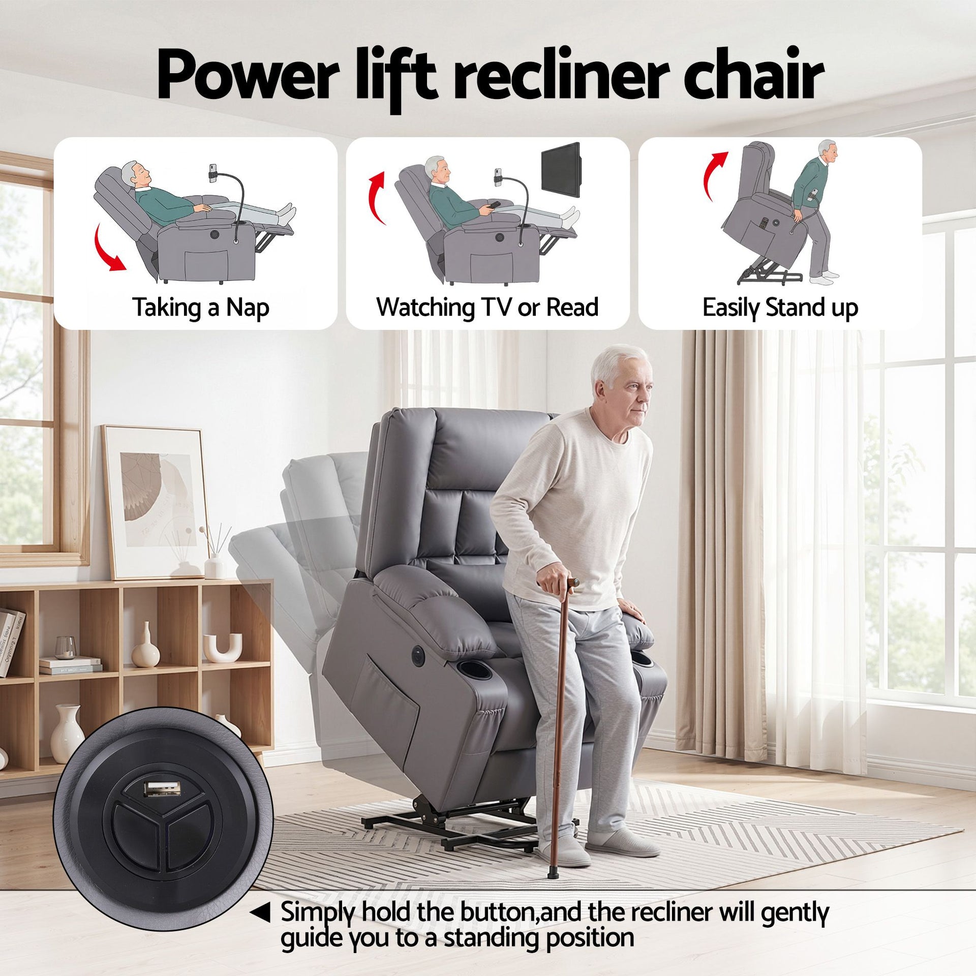 Artiss Power Lift Recliner Chair with Massage and Heat for Elderly, Electric Sofa Reclining Chair with USB and Phone Holder, PU Leather Comfy Armchair for Living Room, 2 Cup Holder & 4 Pockets, Grey Awezingly