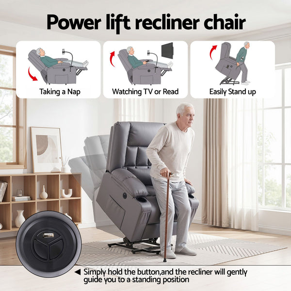 Artiss Power Lift Recliner Chair with Massage and Heat for Elderly, Electric Sofa Reclining Chair with USB and Phone Holder, PU Leather Comfy Armchair for Living Room, 2 Cup Holder & 4 Pockets, Grey Awezingly