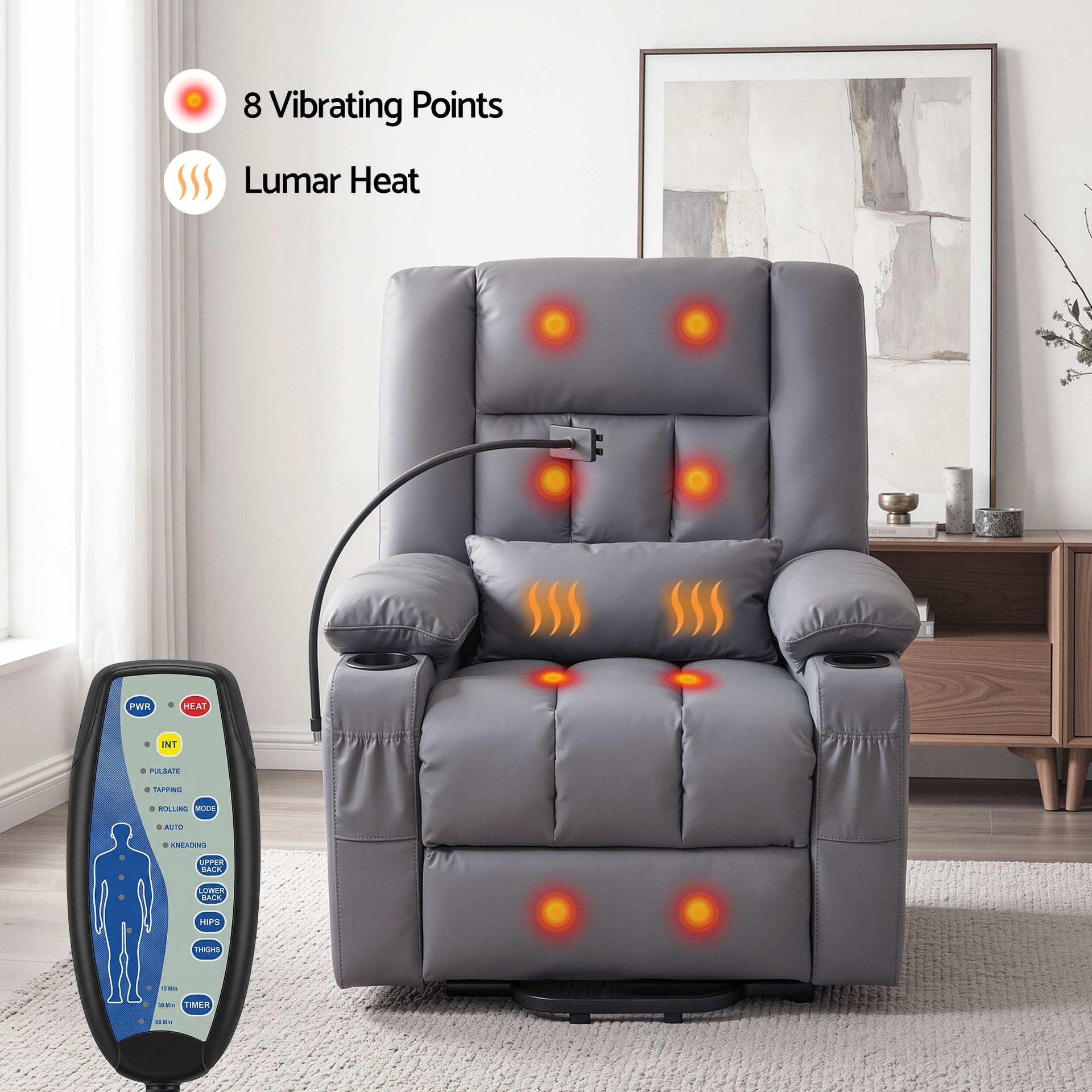 Artiss Power Lift Recliner Chair with Massage and Heat for Elderly, Electric Sofa Reclining Chair with USB and Phone Holder, PU Leather Comfy Armchair for Living Room, 2 Cup Holder & 4 Pockets, Grey Awezingly