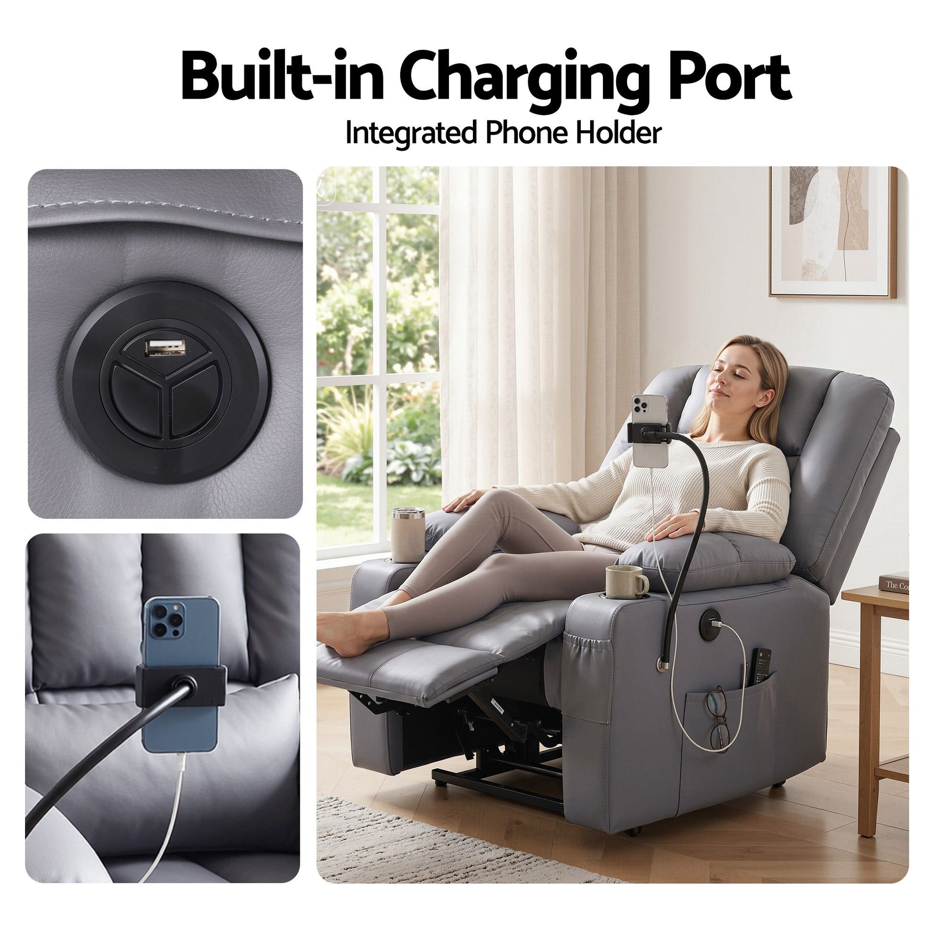 Artiss Power Lift Recliner Chair with Massage and Heat for Elderly, Electric Sofa Reclining Chair with USB and Phone Holder, PU Leather Comfy Armchair for Living Room, 2 Cup Holder & 4 Pockets, Grey Awezingly