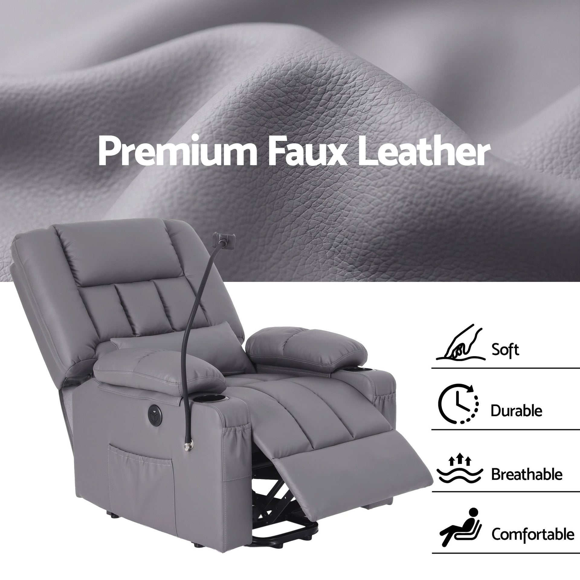 Artiss Power Lift Recliner Chair with Massage and Heat for Elderly, Electric Sofa Reclining Chair with USB and Phone Holder, PU Leather Comfy Armchair for Living Room, 2 Cup Holder & 4 Pockets, Grey Awezingly