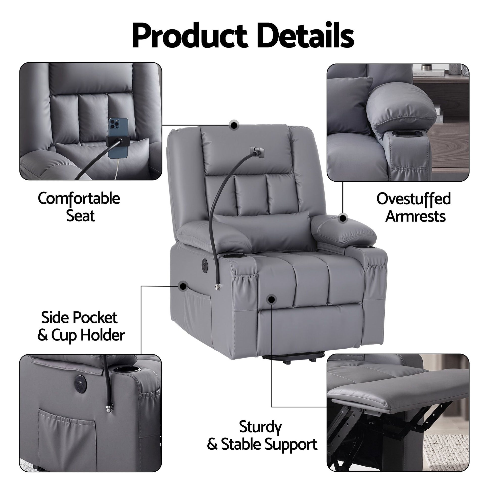 Artiss Power Lift Recliner Chair with Massage and Heat for Elderly, Electric Sofa Reclining Chair with USB and Phone Holder, PU Leather Comfy Armchair for Living Room, 2 Cup Holder & 4 Pockets, Grey Awezingly