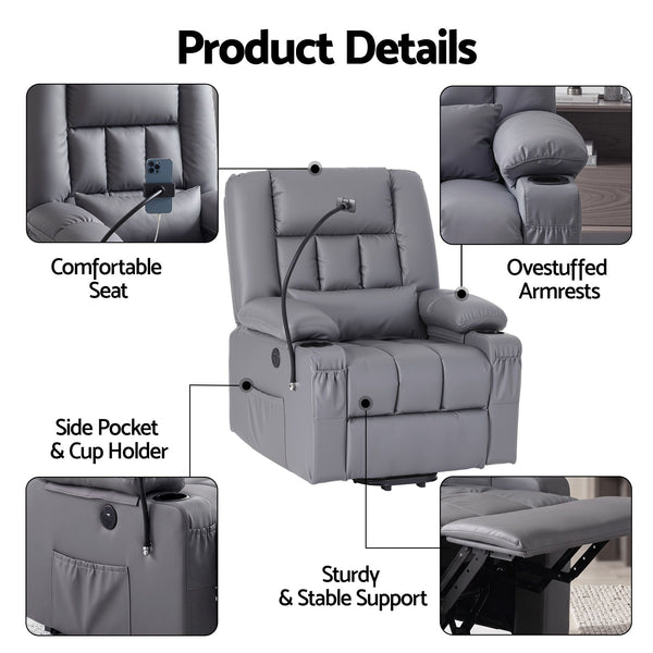 Artiss Power Lift Recliner Chair with Massage and Heat for Elderly, Electric Sofa Reclining Chair with USB and Phone Holder, PU Leather Comfy Armchair for Living Room, 2 Cup Holder & 4 Pockets, Grey Awezingly