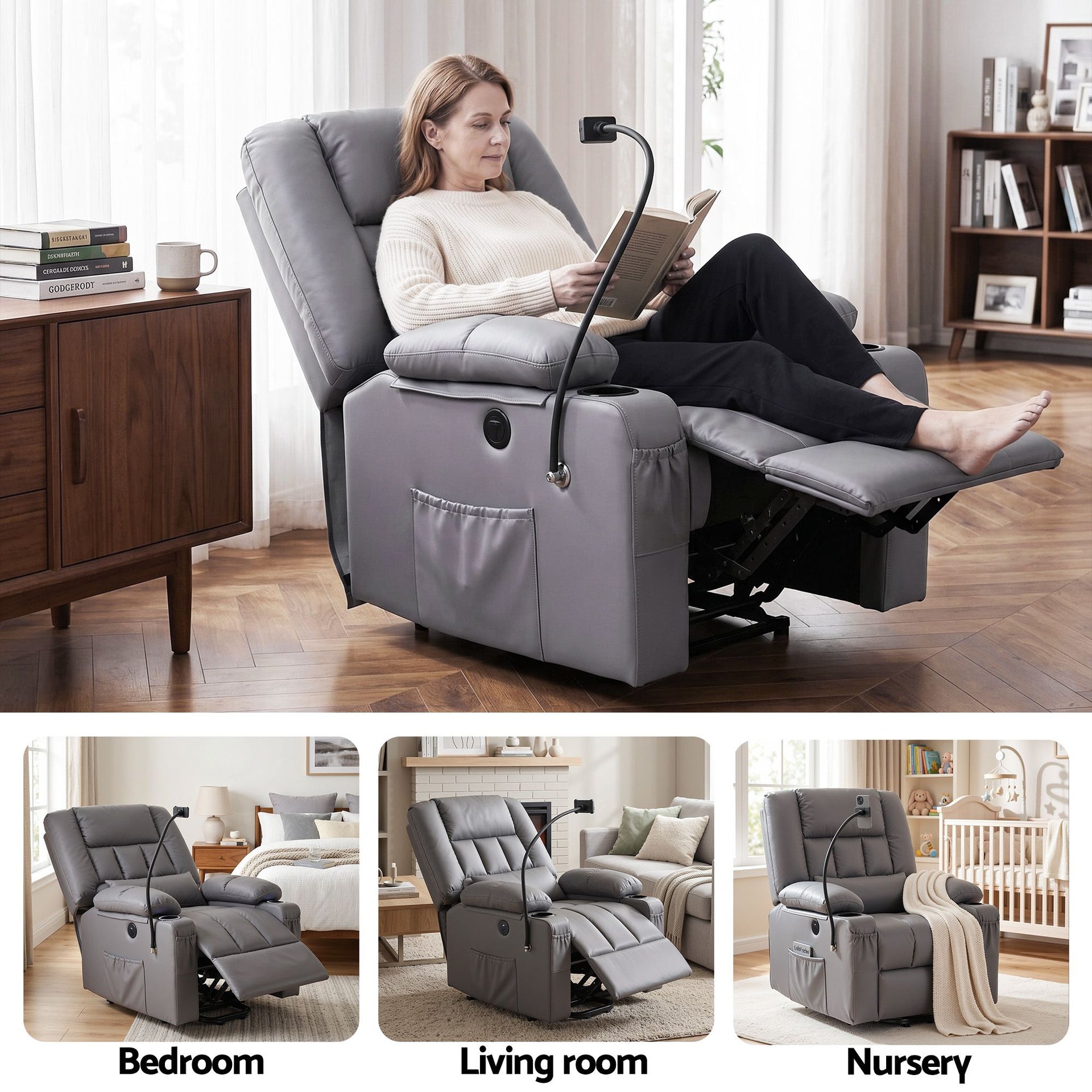 Artiss Power Lift Recliner Chair with Massage and Heat for Elderly, Electric Sofa Reclining Chair with USB and Phone Holder, PU Leather Comfy Armchair for Living Room, 2 Cup Holder & 4 Pockets, Grey Awezingly