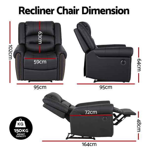 Artiss Leather Manual Recliner Chair with USB Charge Port, Overstuffed Armchair Sofa for Living Room and Nursery, Asjustable Theater Reclining Lounge with Comfortable Wide Seat, 150kg Capacity, Black Awezingly