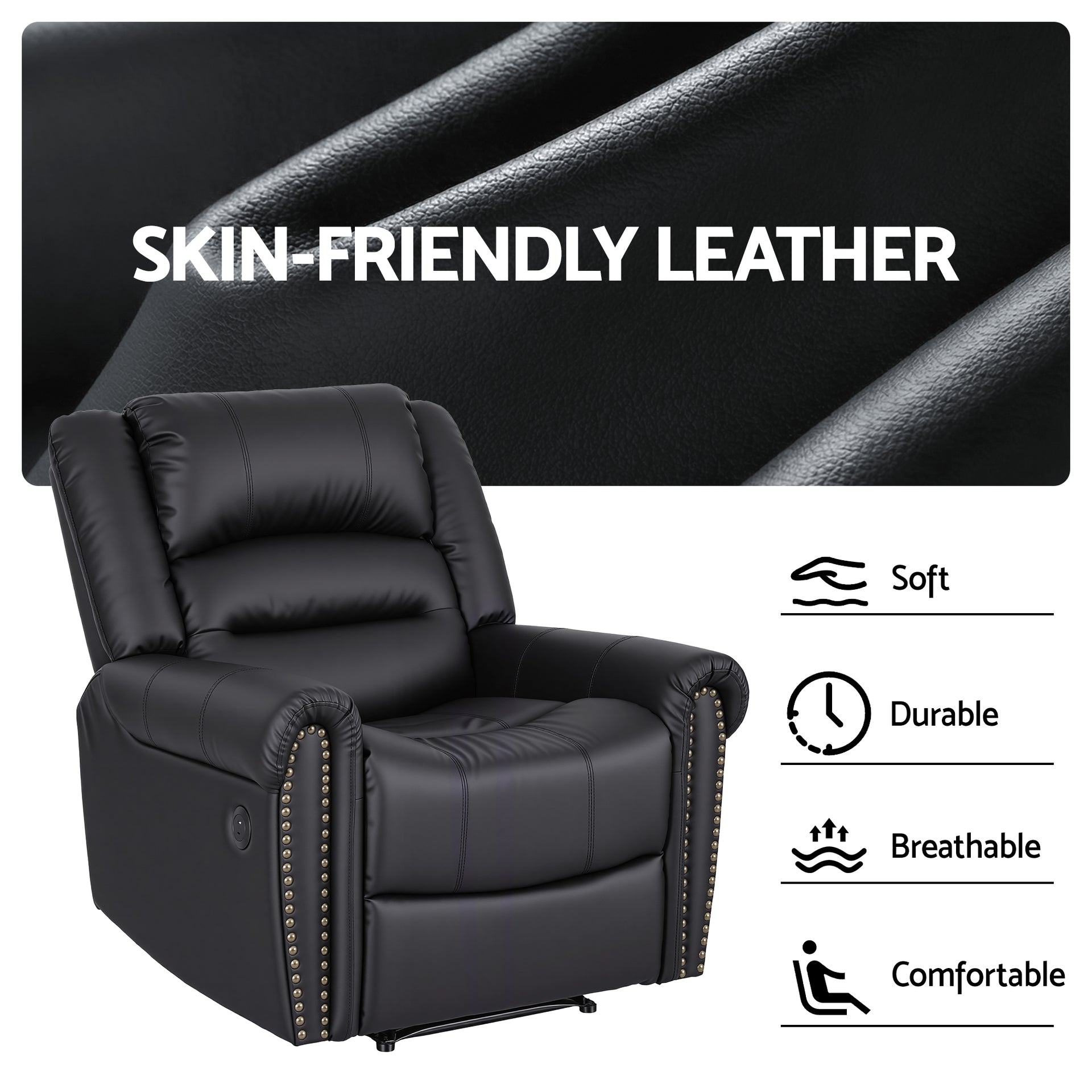 Artiss Leather Manual Recliner Chair with USB Charge Port, Overstuffed Armchair Sofa for Living Room and Nursery, Asjustable Theater Reclining Lounge with Comfortable Wide Seat, 150kg Capacity, Black Awezingly