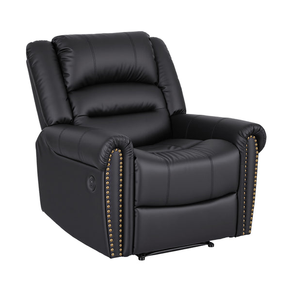 Artiss Leather Manual Recliner Chair with USB Charge Port, Overstuffed Armchair Sofa for Living Room and Nursery, Asjustable Theater Reclining Lounge with Comfortable Wide Seat, 150kg Capacity, Black Awezingly