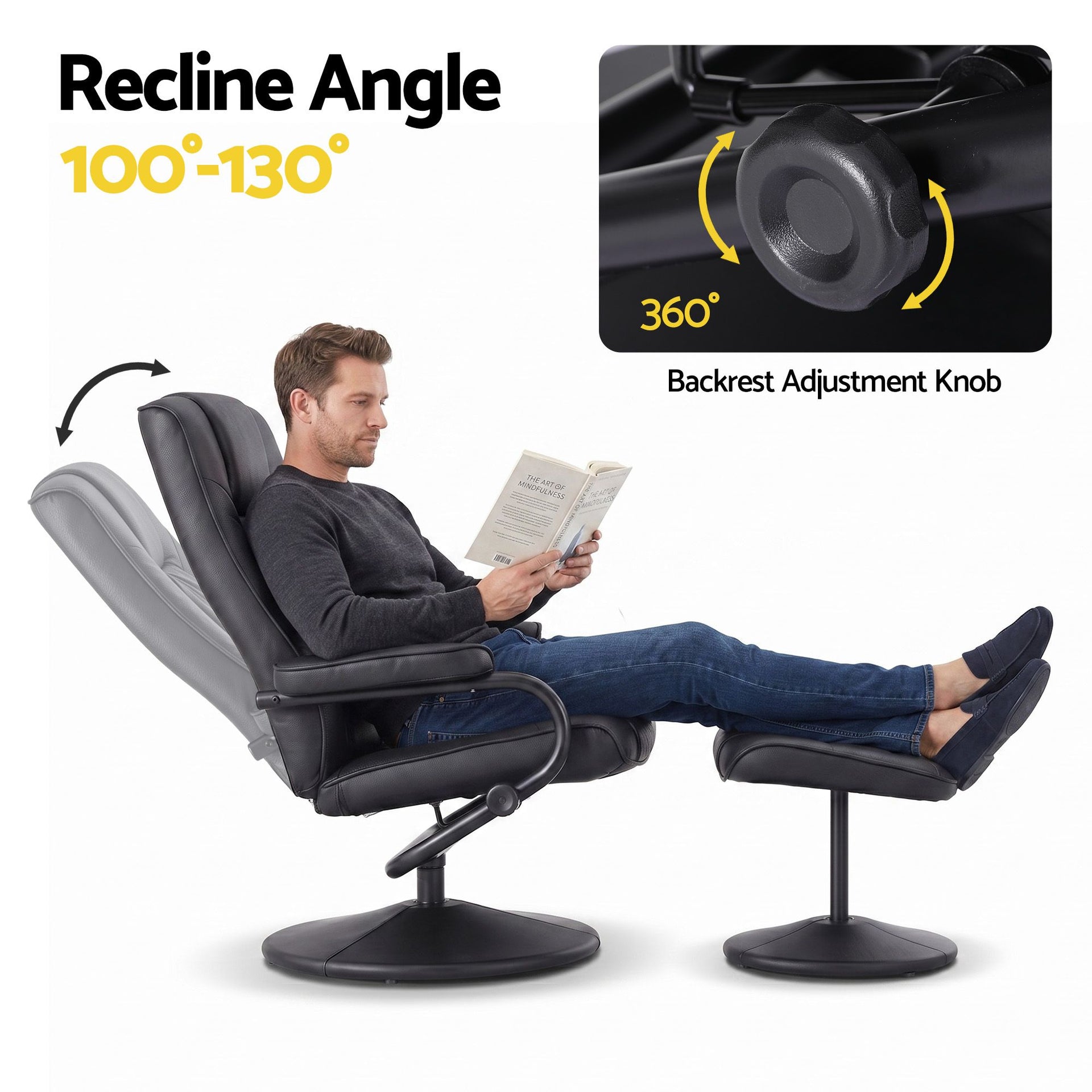 Artiss Recliner with Ottoman 360-Degree Swivel Recliner Chair and Ottoman Set PU Leather Black Awezingly