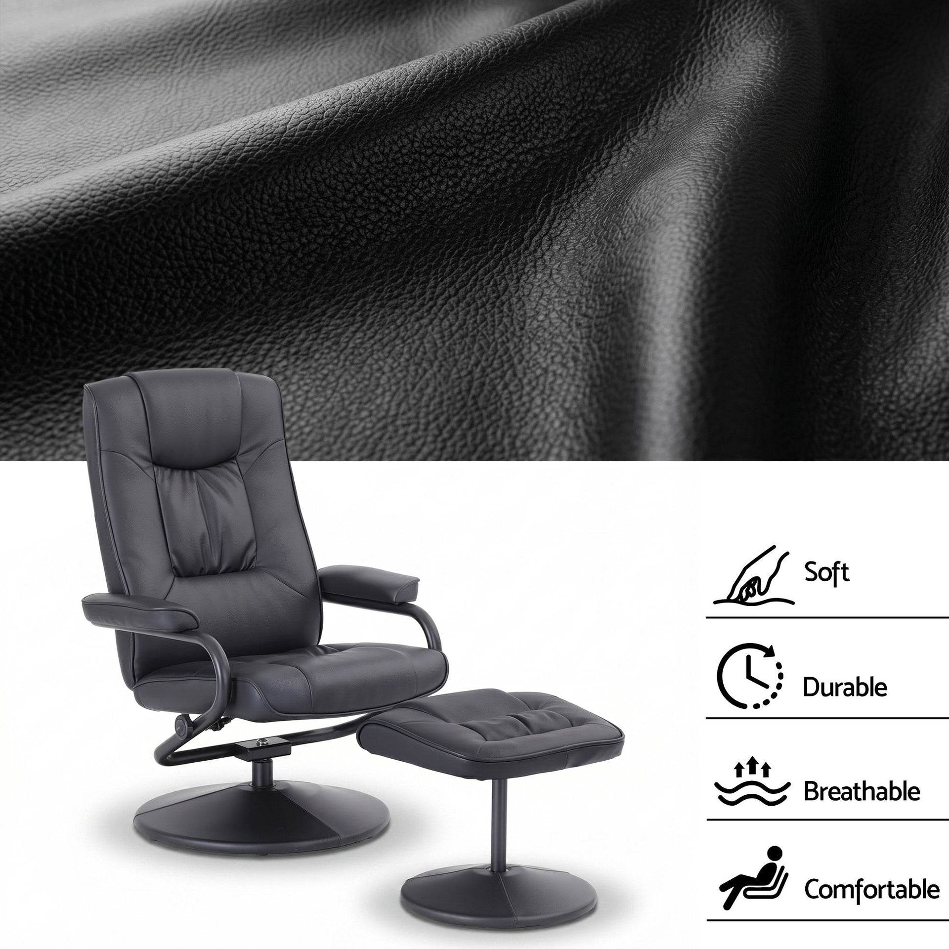 Artiss Recliner with Ottoman 360-Degree Swivel Recliner Chair and Ottoman Set PU Leather Black Awezingly