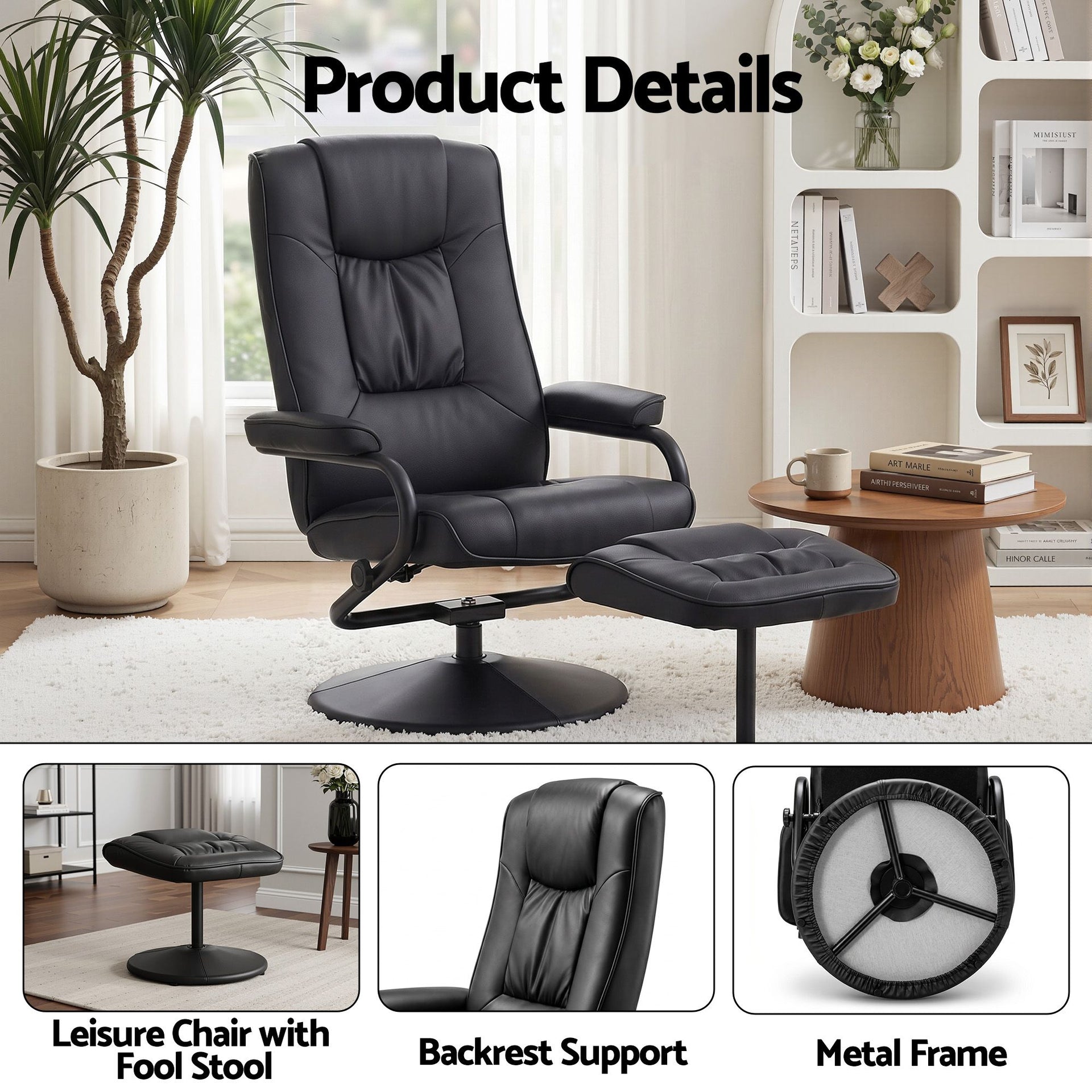 Artiss Recliner with Ottoman 360-Degree Swivel Recliner Chair and Ottoman Set PU Leather Black Awezingly