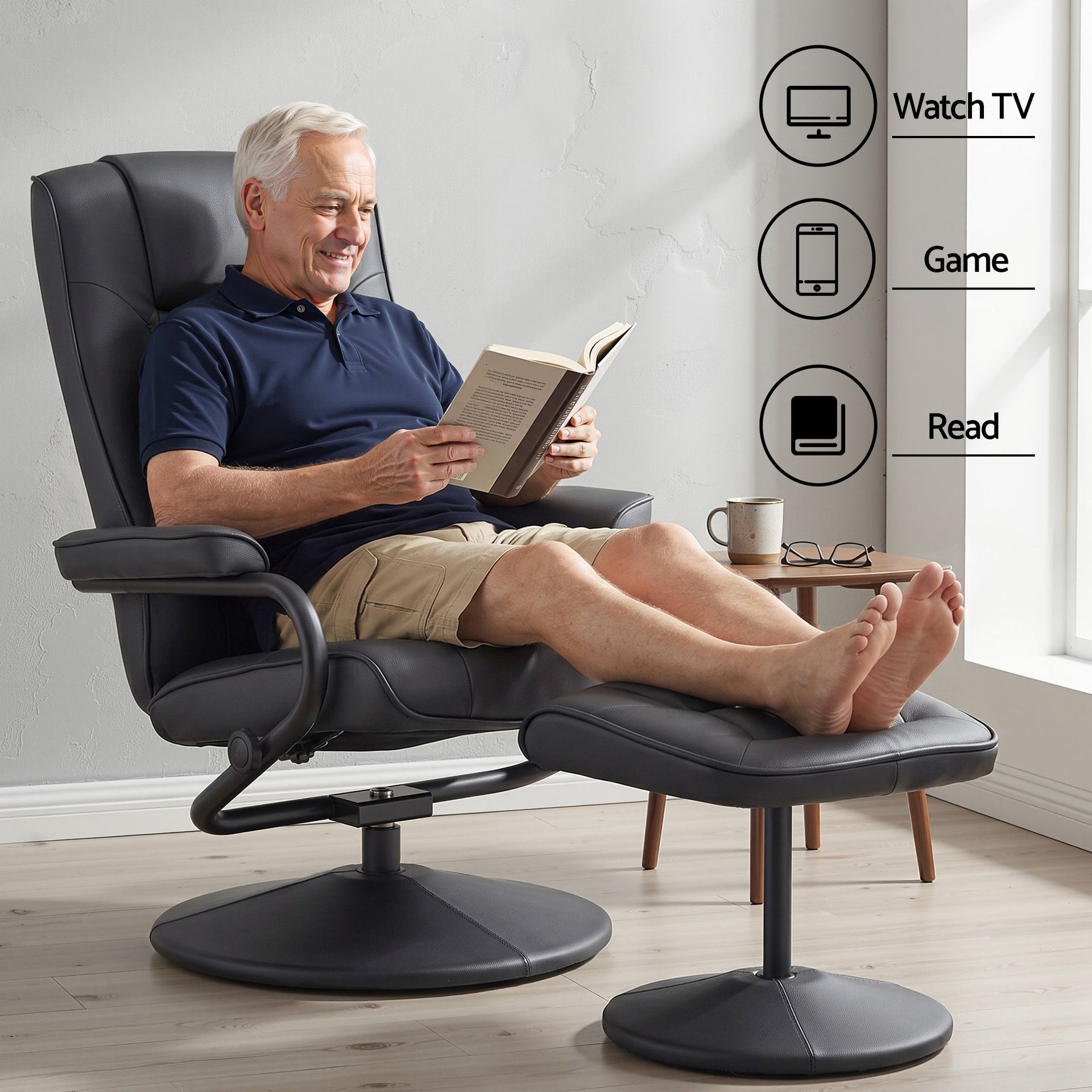 Artiss Recliner with Ottoman 360-Degree Swivel Recliner Chair and Ottoman Set PU Leather Black Awezingly