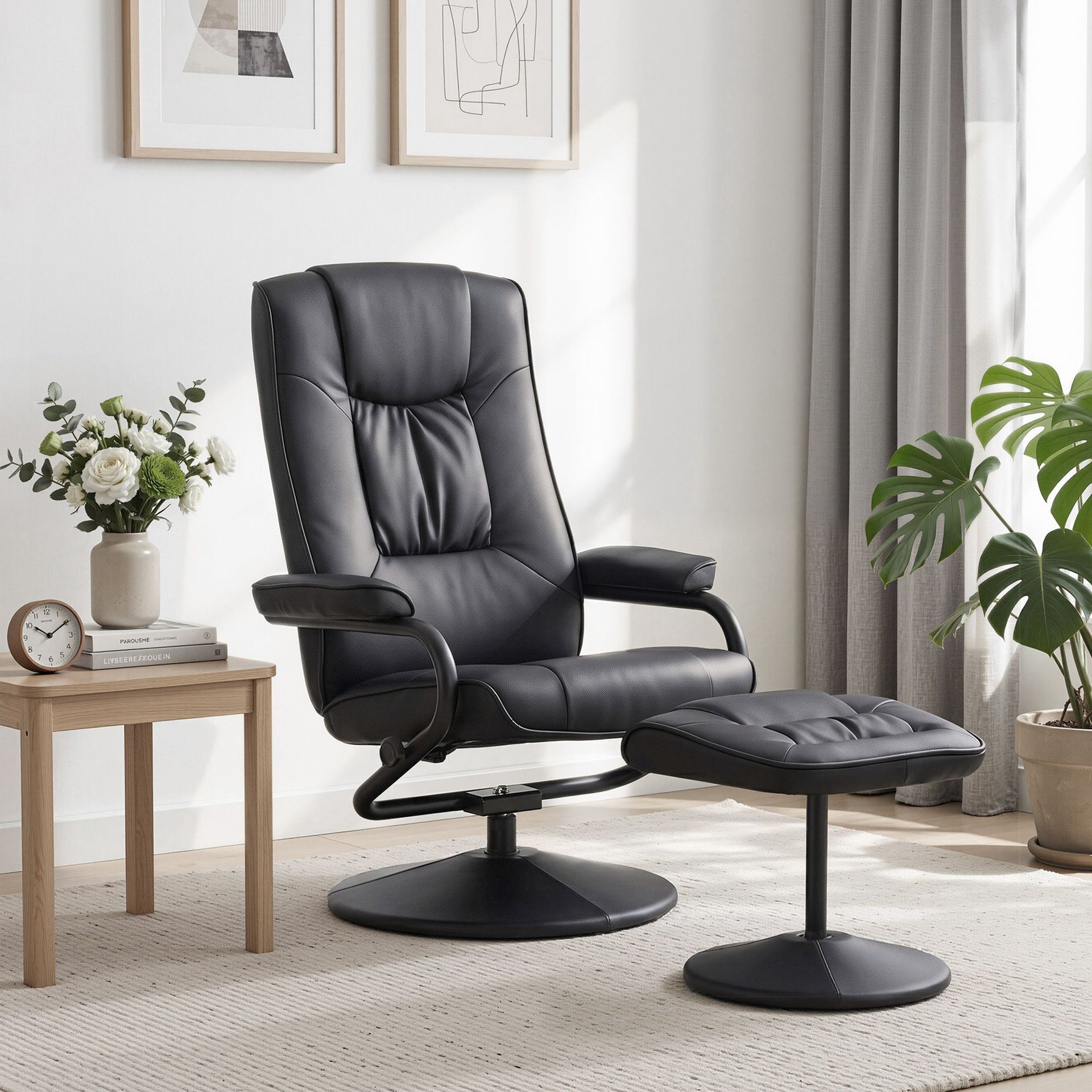 Artiss Recliner with Ottoman 360-Degree Swivel Recliner Chair and Ottoman Set PU Leather Black Awezingly