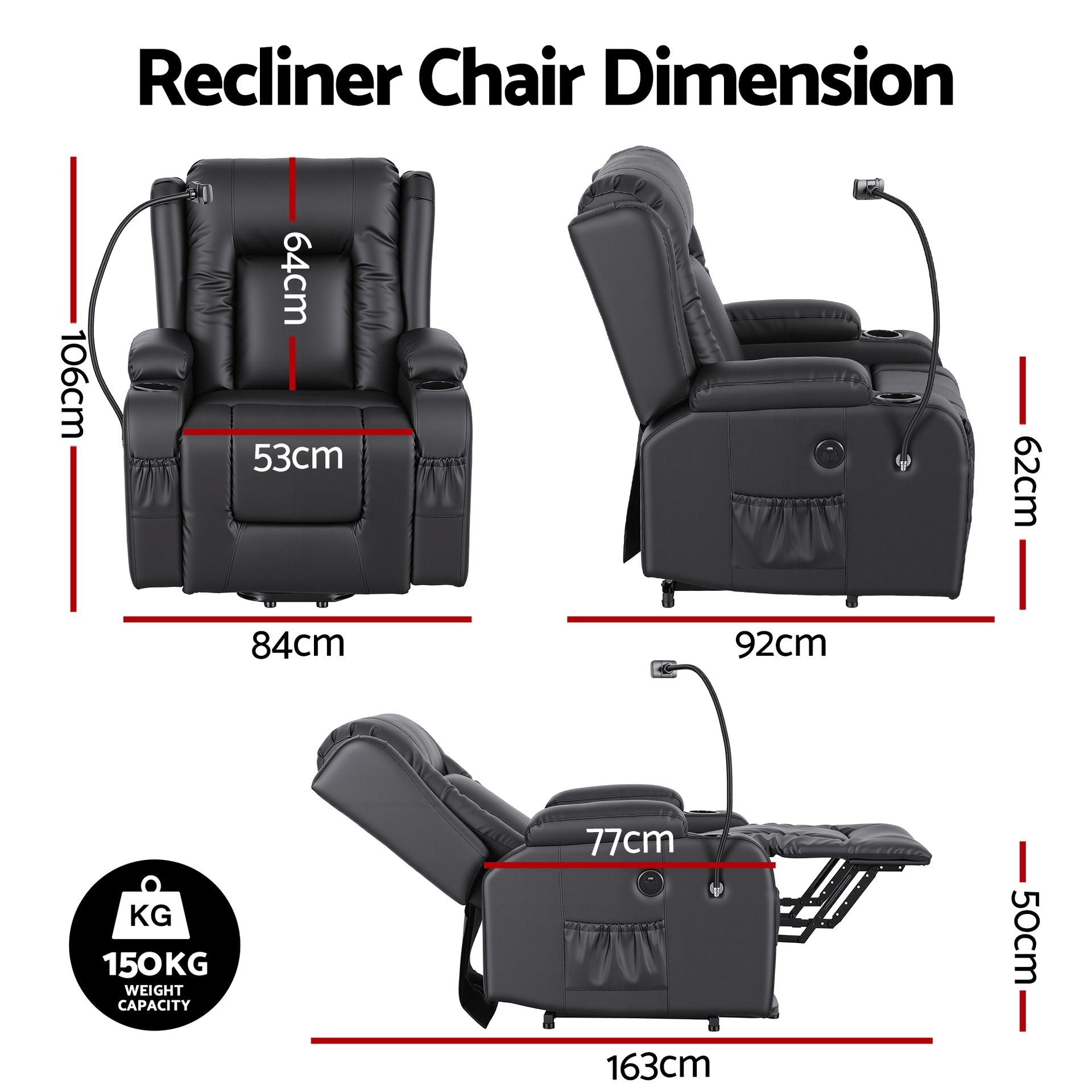 Artiss Power Lift Recliner Chair with Massage and Heat for Elderly, Electric Sofa Reclining Chair with USB and Phone Holder, PU Leather Comfy Armchair for Living Room, 2 Cup Holder & 4 Pockets, Black Awezingly