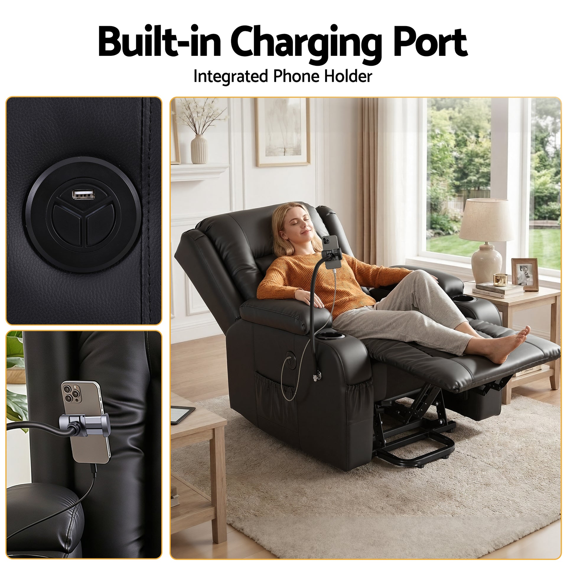 Artiss Power Lift Recliner Chair with Massage and Heat for Elderly, Electric Sofa Reclining Chair with USB and Phone Holder, PU Leather Comfy Armchair for Living Room, 2 Cup Holder & 4 Pockets, Black Awezingly