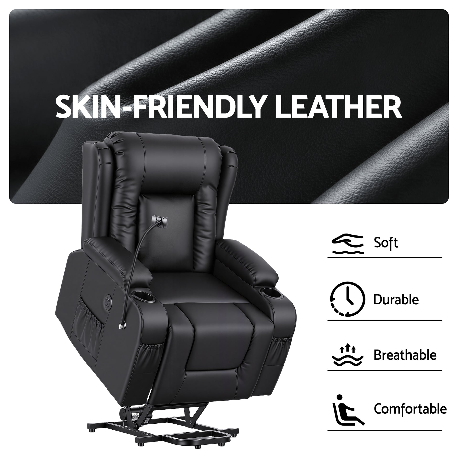 Artiss Power Lift Recliner Chair with Massage and Heat for Elderly, Electric Sofa Reclining Chair with USB and Phone Holder, PU Leather Comfy Armchair for Living Room, 2 Cup Holder & 4 Pockets, Black Awezingly
