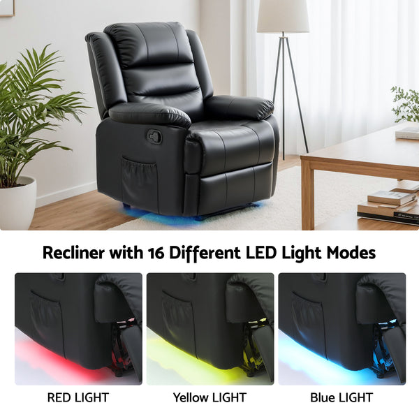 Artiss Manual Recliner Chair Leather Reclining Sofa with 16color Led Black