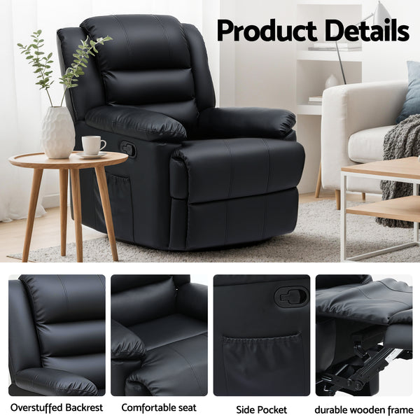 Artiss Manual Recliner Chair Leather Reclining Sofa with 16color Led Black